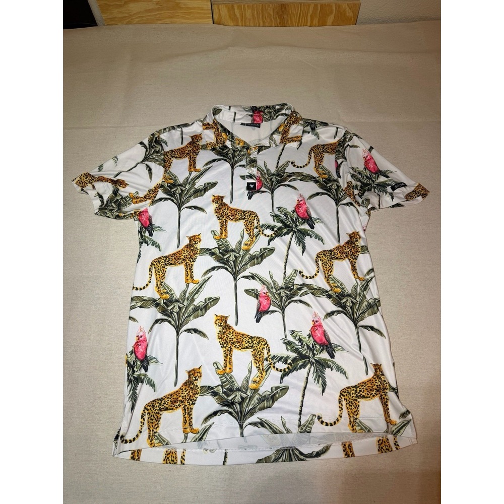 Bad Birdie Polo Shirt Mens Medium White Green Floral Cheetahs Performance Golf